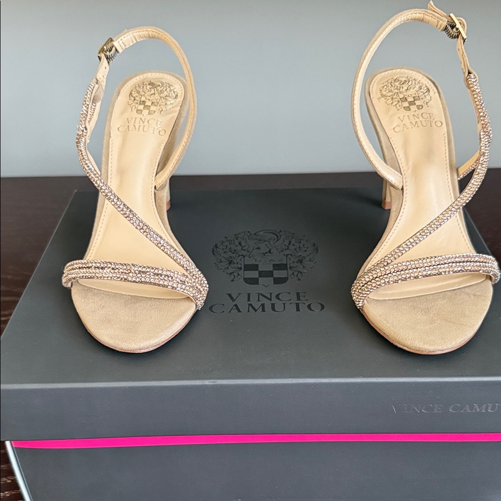 New, never worn, Vince Camuto Tan Strappy Heels with Gold Accents